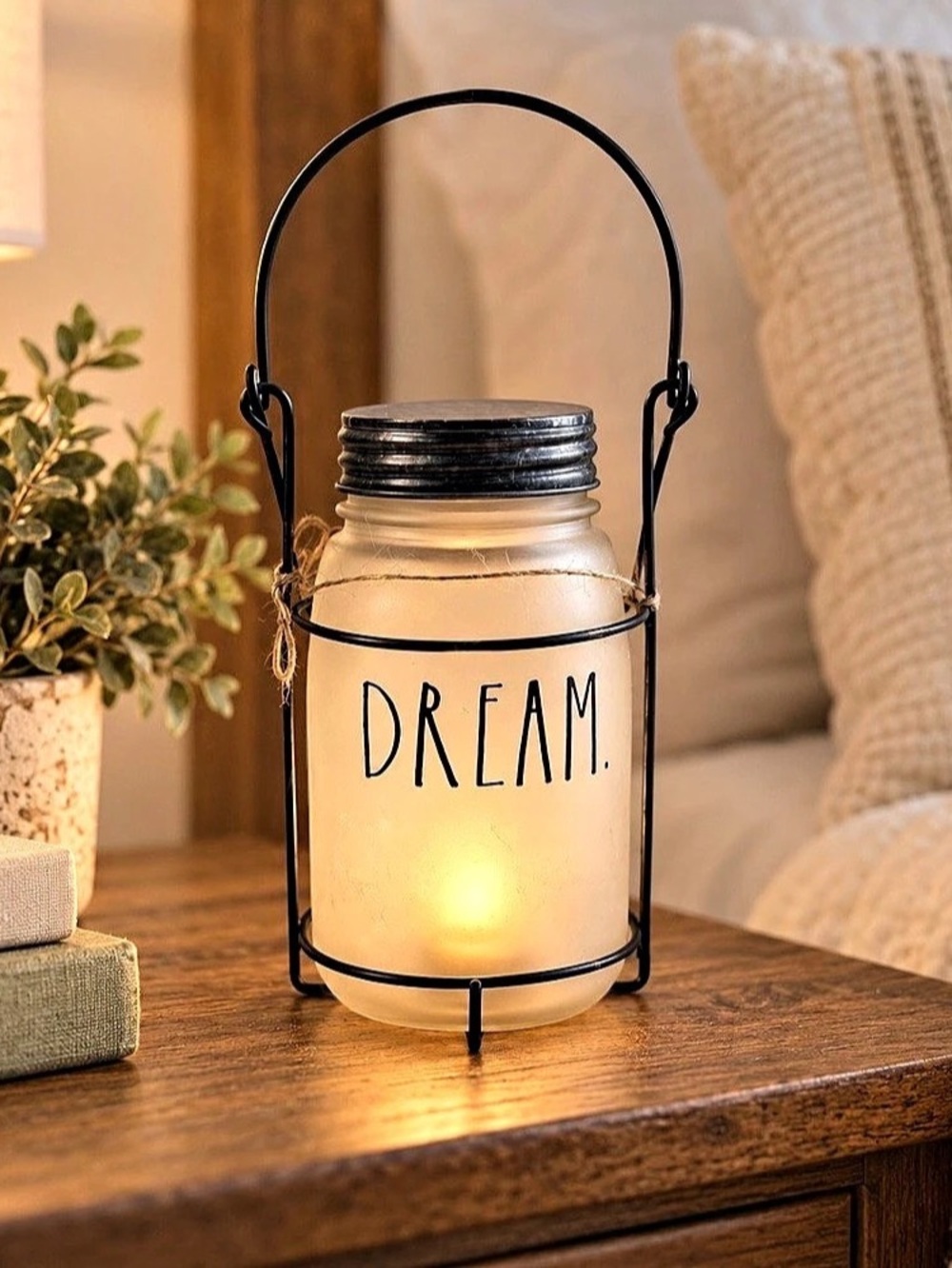 Rae Dunn DREAM Lighted Mason Jar Lantern Black Wire Stand